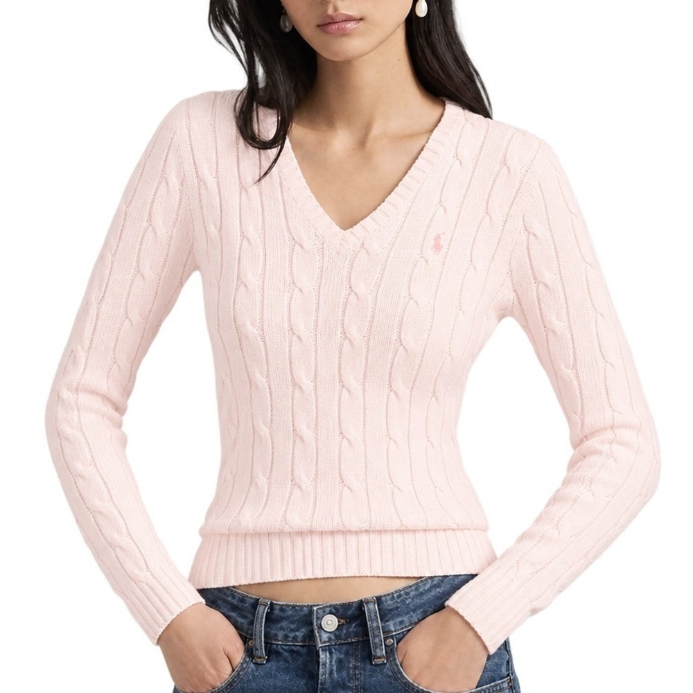 Vt 90s Polo Sport Ralph Lauren 100% Cotton Cableknit V Neck Sweater S  Pale Pink